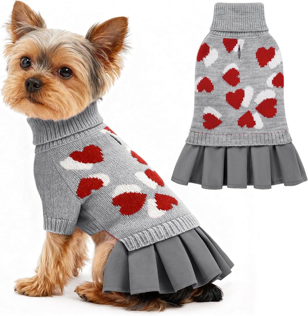 Valentines Dog Sweater Dress, Comfy Warm Dog Sweaters for Small Dogs Girl, Soft Turtleneck Sweater with Leash Hole and Heart Pattern (S, Grey)