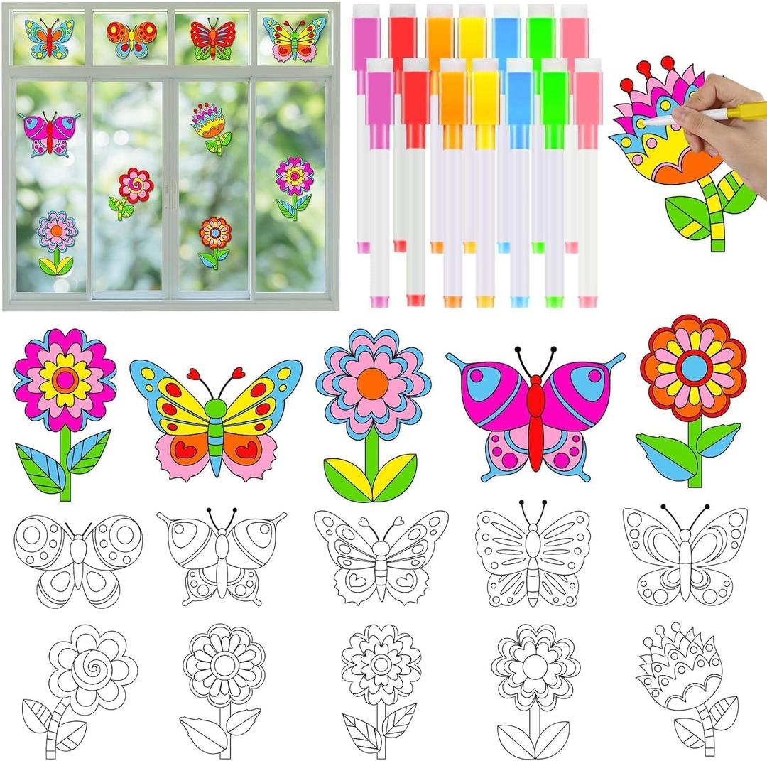 Qyeahkj  Spring Theme Flower Butterfly Suncatchers for Kids DIY Flower Butterfly Window Cling Sticker with Markers Spring Painting Craft Kit Art Project Hobby Gifts for Home Classroom Decor