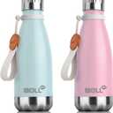12 oz Water Bottle Stainless Steel Double Wall Vacuum Insulated Sports Water Bottle for Kids, Small Mini Cola Shape Water Flask Leak Proof (Baby Blue-Purple Pink)