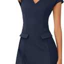 MEROKEETY Women's V Neck Work Business Dresses Elegant Formal Office Cap Sleeve Casual Mini Dress, Size: M