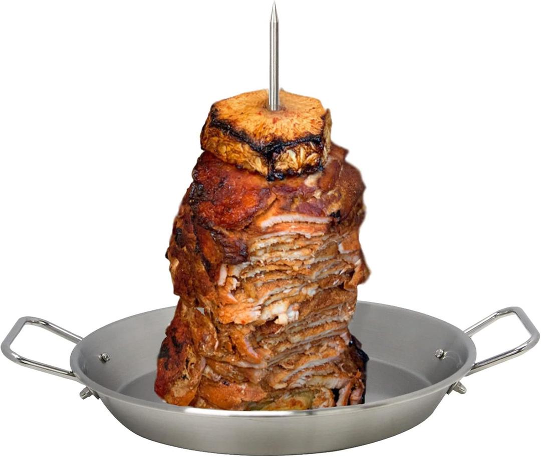 DOLAMOTY BBQ Vertical Skewer Pan Gyro Spit Shawarma Stand for oven, Al Pastor Skewer for Grill, El Pastor Hack for Tacos Al Pastor Chicken, Brazilian, Stainless Steel, with 8",10" stick