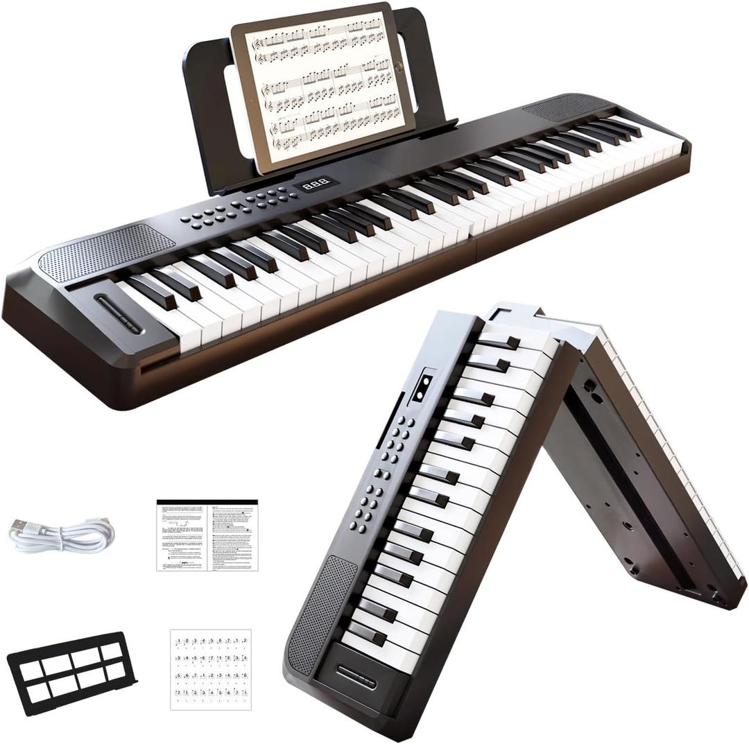 61 Key Foldable Keyboard Piano, Full Size Keys Portable Digital Keyboard with Built-in Stereo Speakers, Support USB-MIDI, Music Stand for Home & Travel Use, 88 Keys