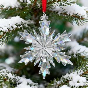 Hanging Snowfake Decorations Glass Crystal Snowflakes Ornaments Window Snowflake Hanging Ornament Christmas Tree Indoor Outdoor - with 2025 Tag, Gift Boxed Holiday Decor - 2025 Edition