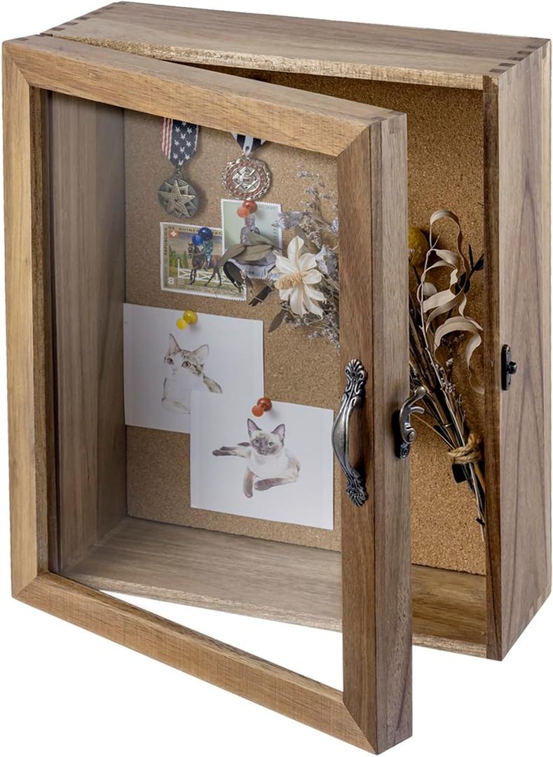MyGift 11x14 Natural Solid Acacia Wood Shadow Box with Cork Board Backing, Wall Mounted Display Case with Clear Acrylic Front Window Panel, Metal Handle and Latch