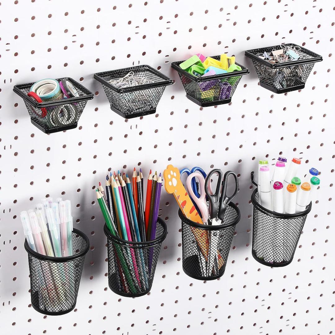 MorningRo 4 Set Peg Board Baskets and Bins Black Metal Pegboard Baskets and Wire Mesh Cup with Ring Hook Assortment Bin Holder Accessories for Organizing Storage Office Garage