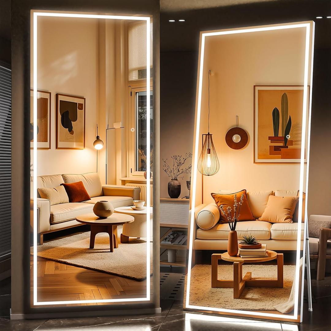 Full Length Mirror with Lights, 83" x 36" Large LED Lighted Floor Standing Body Mirror, Dimmable & 3 Color Lighting for Bedroom, Cloakroom, Dressing Room, Tempered Glass, Square White