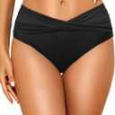 Tempt Me Women Mid Waist Bikini Bottoms - V Cut Bathing Suit Bottoms Twist Front Swimsuit Bottoms Ruched Swimwear 2025 (Small, Black)