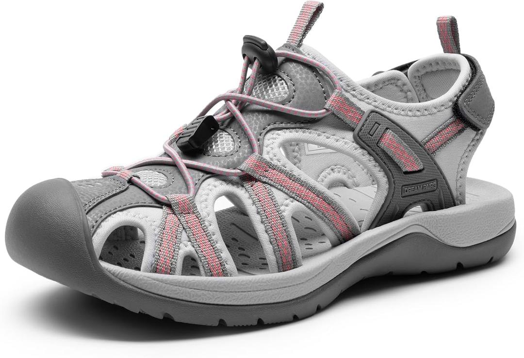 DREAM PAIRS Women's Hiking Sandals Adventurous Summer Sports Shoes Outdoor (9, Grey/Coral)
