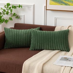 Kevin Textile Pack of 2 Corduroy Soft Soild Spring Decorative Rectangle Throw Pillow Covers Set Cushion Cases Pillowcases for Sofa Bedroom Car 12 x 20 Inch 30 x 50 Cm Moss Green