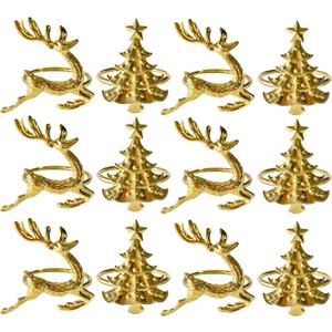 Christmas Gold Napkin Rings Set of 12 - Deer and Tree Design Holiday Napkin Holders for Festive Table Decor