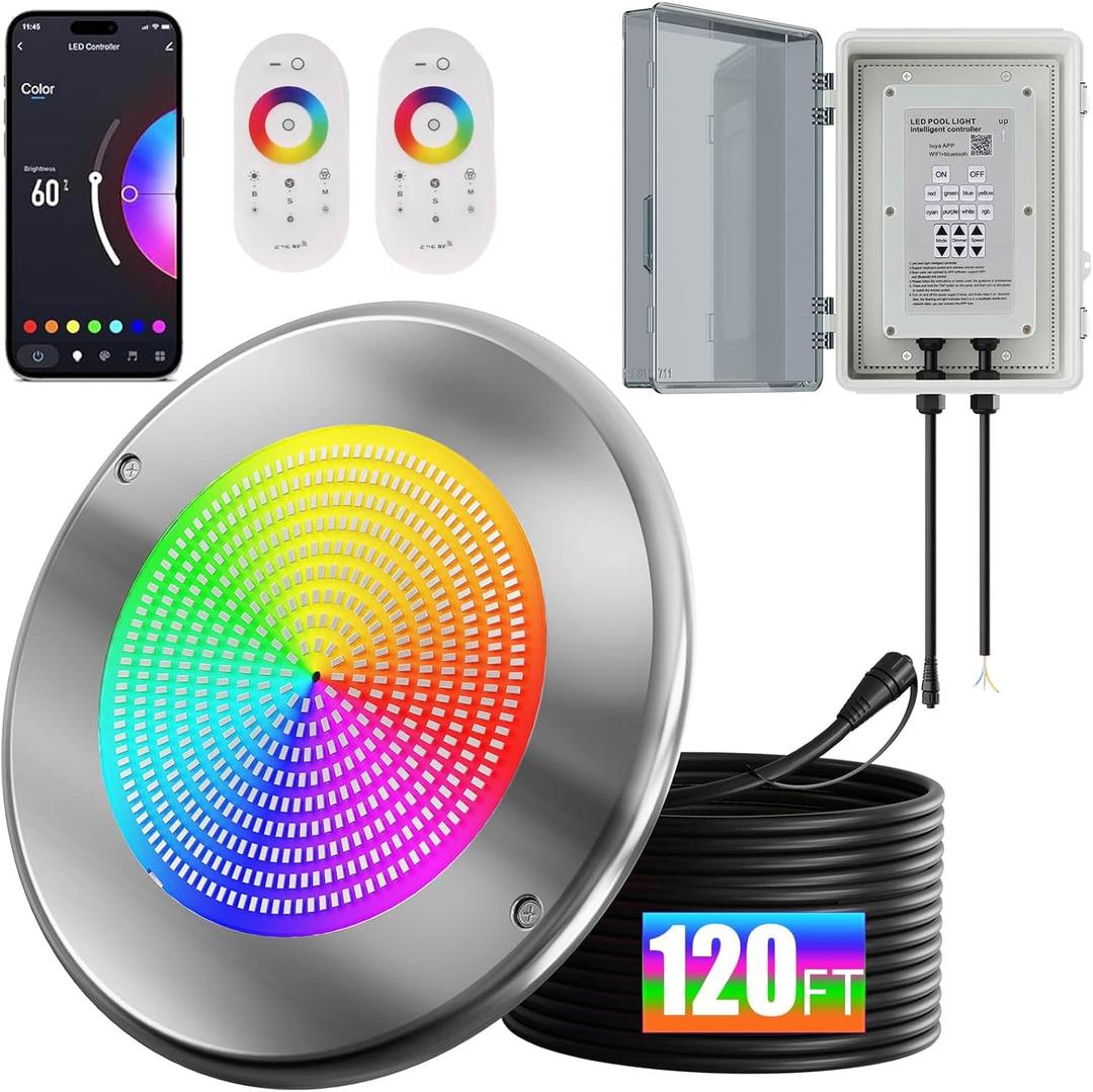 60W 10" Smart Pool Lights for Inground Pool with Triple Control (WiFi Bluetooth APP/Remote/Controller), Led Color Changing Underwater Swimming Pool Light for 10" Large Wet Niches - 120Ft