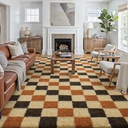 PureCozy Checkered Rug 8x10 for Living Room, Modern Neutral Shag Rug Washable Non-Slip Large Area Rug Super Soft Indoor Fuzzy Carpet Fluffy Rugs for Bedroom Home Aesthetic Decor (Orange, Black)
