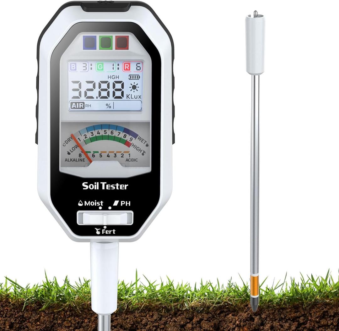 RYJNM Soil Moisture Meter, 7-in-1 Soil PH Tester/ Soil Moisture/ Fertility with Removable Probe, Digital Air Temp/ Humidity/ Sunlight Intensity/ BGR Spectral for Plants Gardening