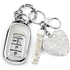 Key Fob Cover with Diamond Bling Keychain for Women, Car Key Holder Compatible with Honda 2022 2023 2024 2025, TPU Key Case and Elegant Heart Key Chain (Silver, 1PCS)