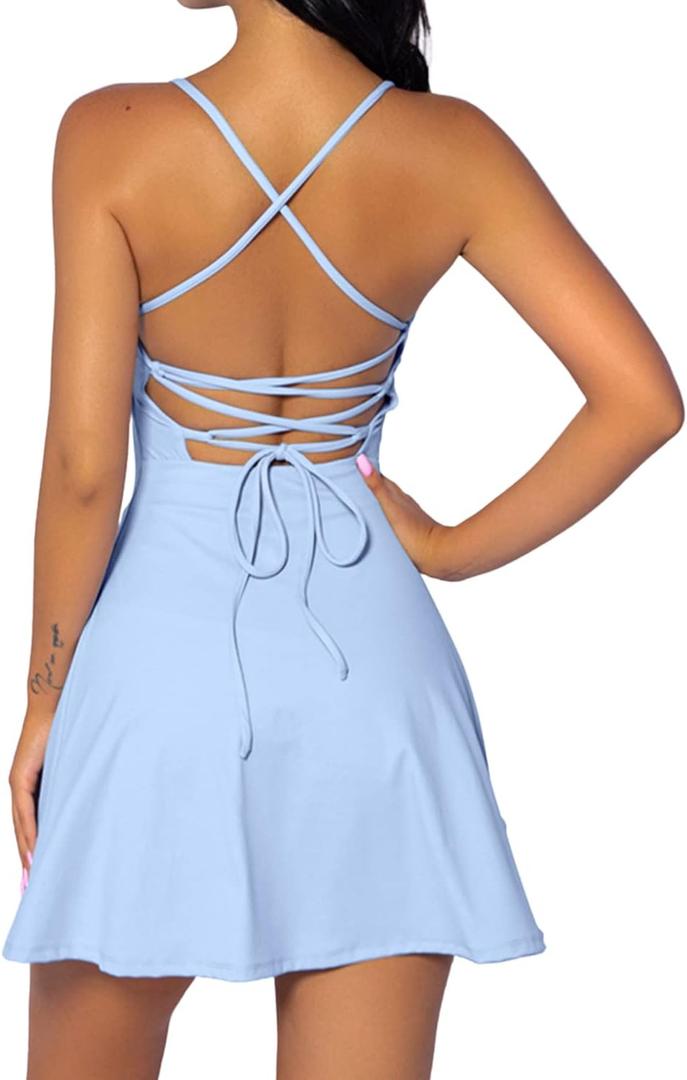 QINSEN Womens Two Pieces Tennis Dress with Shorts Workout Open Back Active Golf Dresses (Medium, Blue)