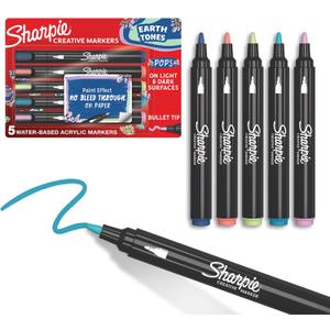 Sharpie Creative Markers, Earth Tones, Glowing Tropics, Water-Based Acrylic, Bullet Tip, Assorted Colors, 5 Count Arts & Crafts; Works on Paper, Metal, Wood, Ceramic, Glass, Rock, Canvas