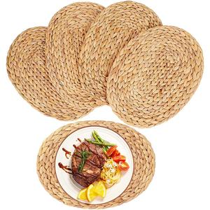 Oval Woven Placemats, Natural Water Hyacinth Placemats Set of 4, Straw Braided Rattan Placemats, 12x16 Inches Plate Chargers Set, Non-Slip Heat Resistant Woven Chargers for Dining Table