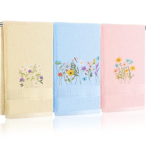 Tingjoo 3 Pcs Pastel Wildflower Hand Towels Pink Blue Yellow Wildflower Floral Bath Towels 14x29 Inch Soft Cute Flower Washable Embroidered Decorative Spring Summer Cotton Decor for Bathroom Kitchen