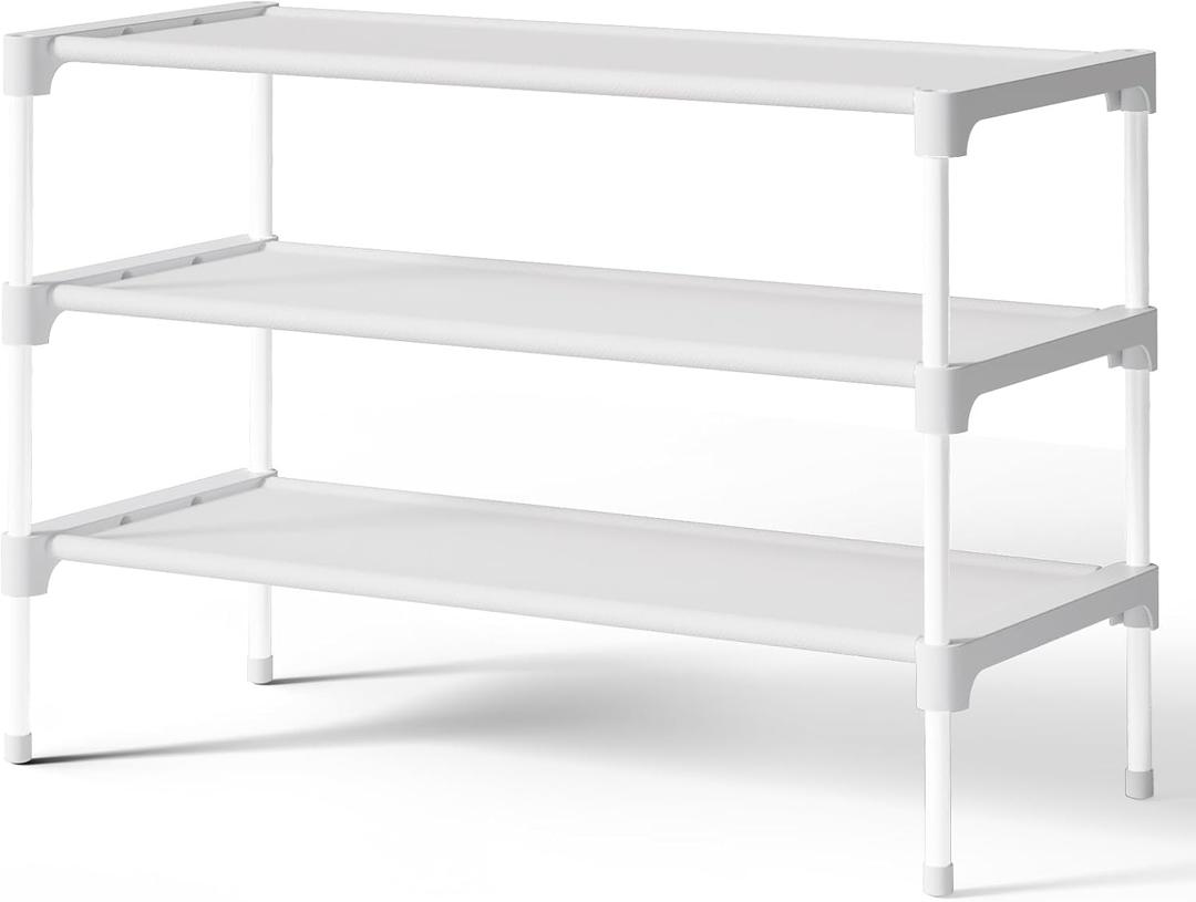 Kitsure Shoe Rack - Non-Woven Shoe Rack Shelf, Shoe Organizer for Closet, Entryway, Garage & Corridor, Stackable Shoe Shelves, 27.5" Wide - 3 Tier, White