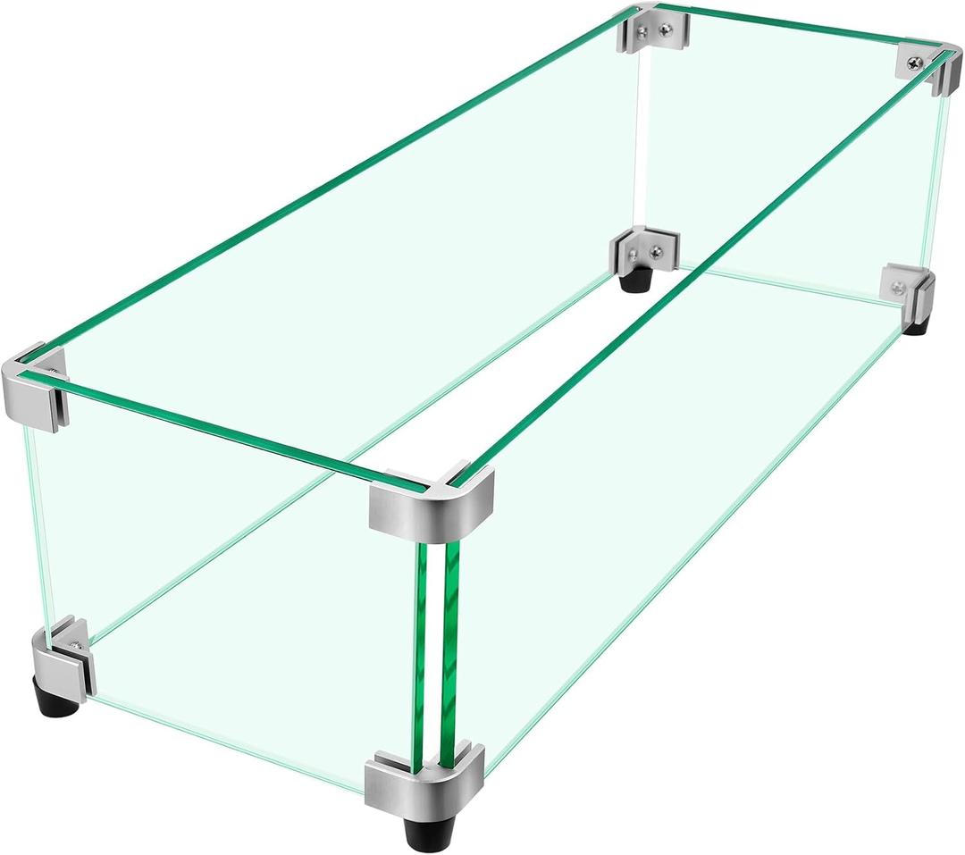 Fire Pit Wind Guard, 23.5" x 7.5" Square Tempered Glass Wind Shield for Firepit & Fire Table, Thick Glass and Easy Installation with Included Tools, Airflow Management for Stable Flame