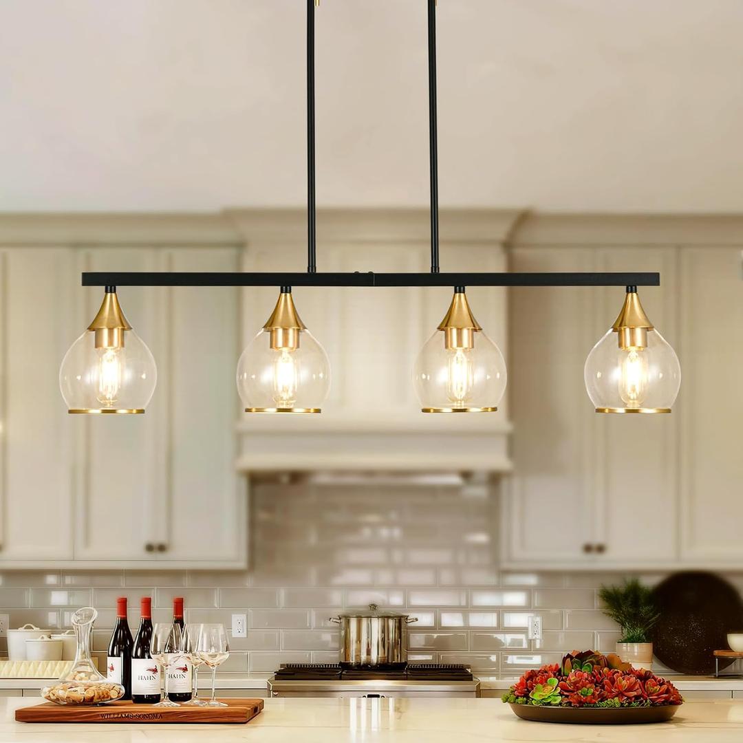 Island Light for Kitchen, 4-Light Black and Gold Kitchen Island Farmhouse Linear Hanging Pendant Chandeliers, Matte Black Dining Room Light Fixture Over Table with Clear Round Glass Shades