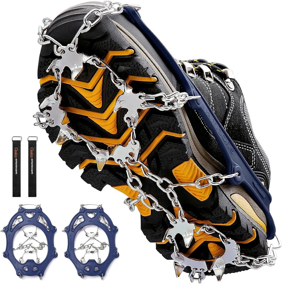 Cimkiz Crampons Ice Cleats Traction Snow Grips for Boots Shoes Women Men Anti Slip 19 Stainless Steel Spikes Safe Protect for Hiking Fishing Walking Climbing Mountaineering (Medium, Navy Blue)