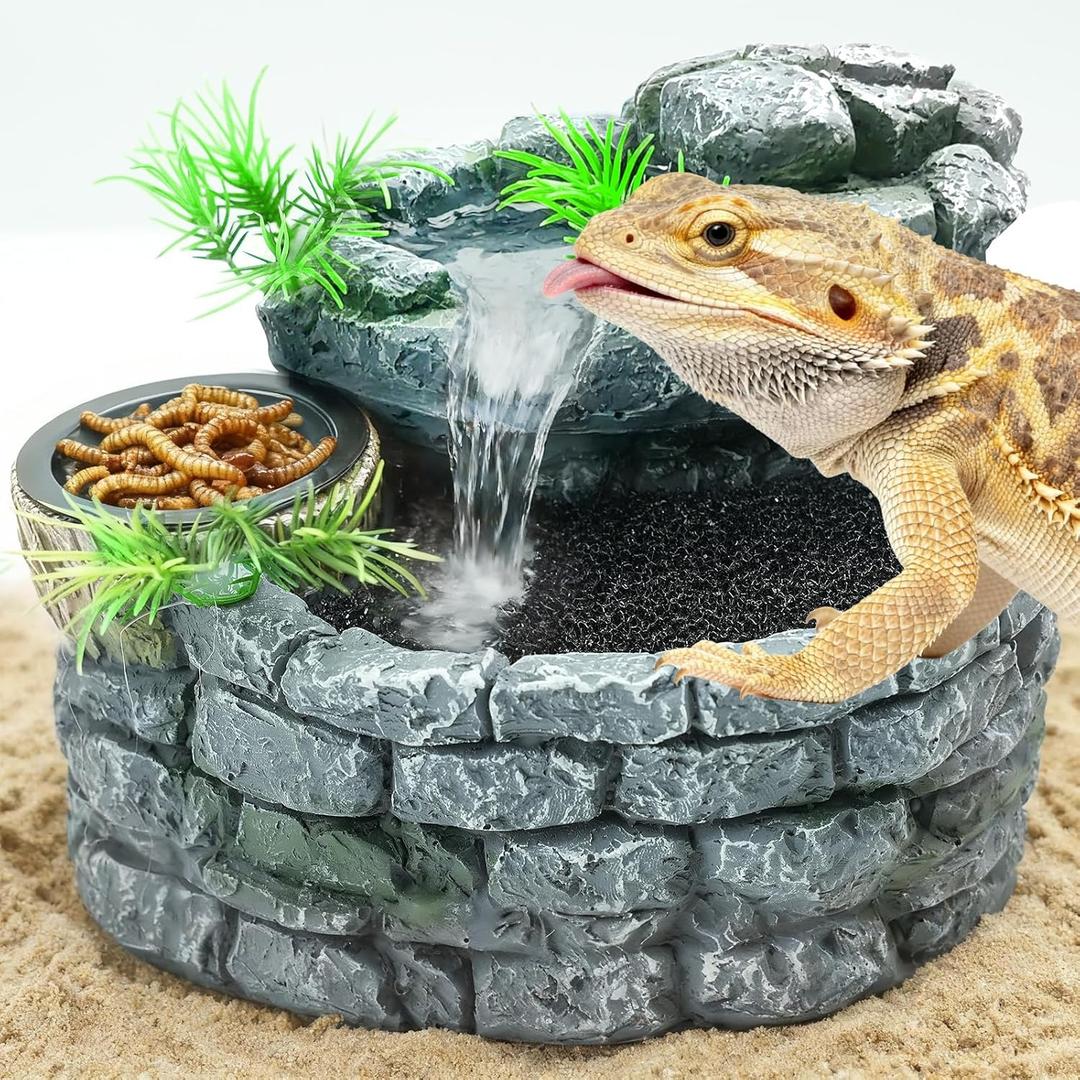 MIXJOY 2 in 1 Reptile Water Fountain with Food Dish 550ML, Terrarium Reptile Waterfall Drinking Fountain, Reptile Water Dispenser for Bearded Dragon Gecko Tree Frog Turtle Chameleon Leopard Lizard (Mountain Feeding Style)