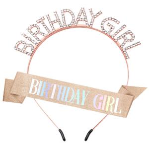 Birthday Sash Birthday Crown for Women, Birthday Girl Sash, Birthday Girl Crown, Glitter Rose Gold Birthday Sash and Crown Rhinestone Headband Set, Happy Birthday Girl Princess Tiara Sash Accessories