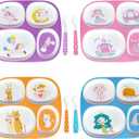 Boromine Set of 4 Divided Melamine Dinner Plates for Girls, Shatterproof Kids Dinnerware with Fun Themes (Mermaid, Unicorn, Princess, Cat), Perfect for Picky Eaters, Toddler Essentials