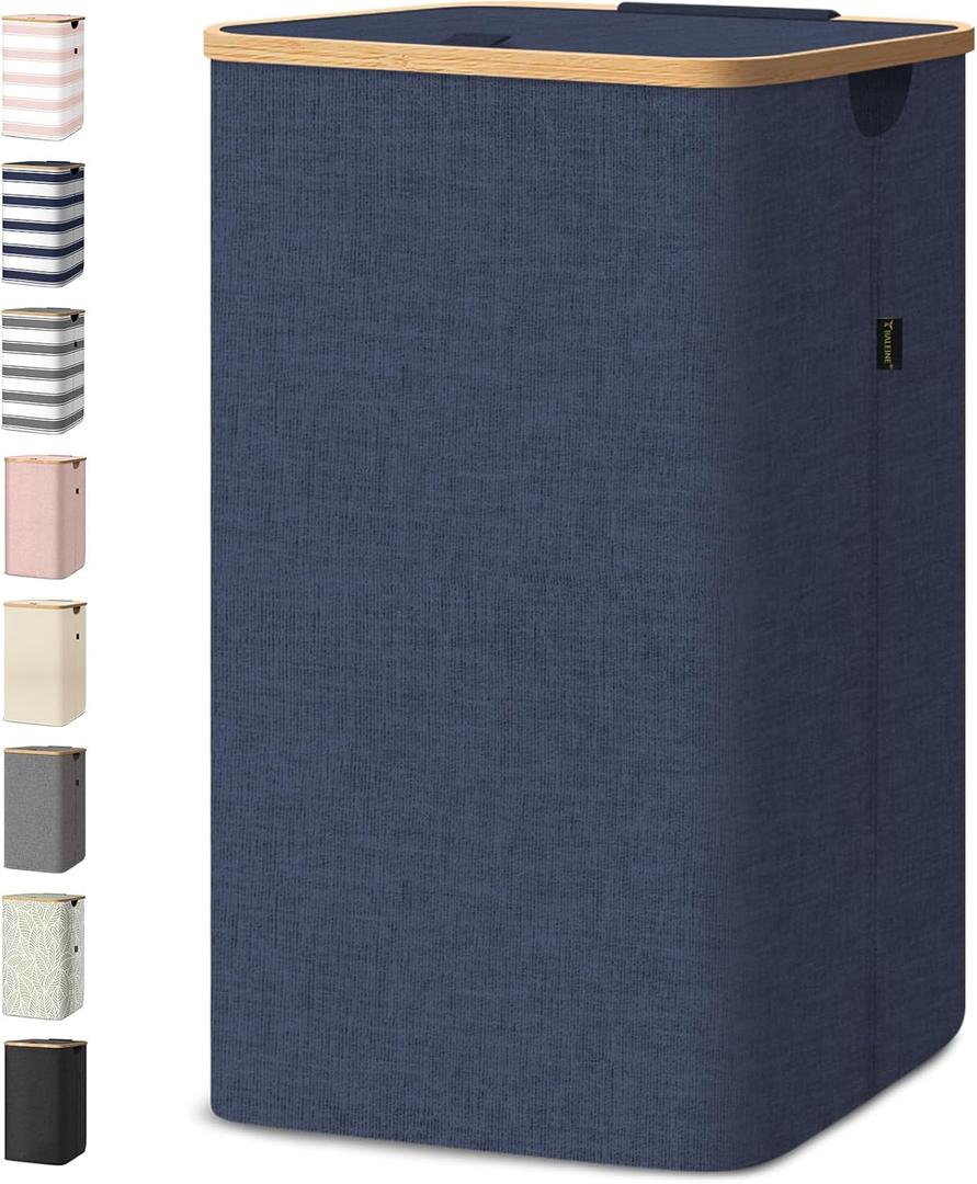 BALEINE Laundry Hamper with Lid, Tall Laundry Baskets with Bamboo Pull Handles, Large Laundry Bin with Internal Support (26 Gal/100L, Blue)