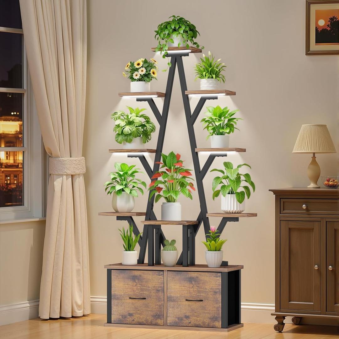 Plant Stand Indoor with Grow Lights - 10 Tiered Plant Shelf with 2 Removable Drawers, 65" Tall Plant Shelf with Grow Light Holds 13 Pot Plants, Christmas Tree Shaped Plant Stand for Home, Living Room