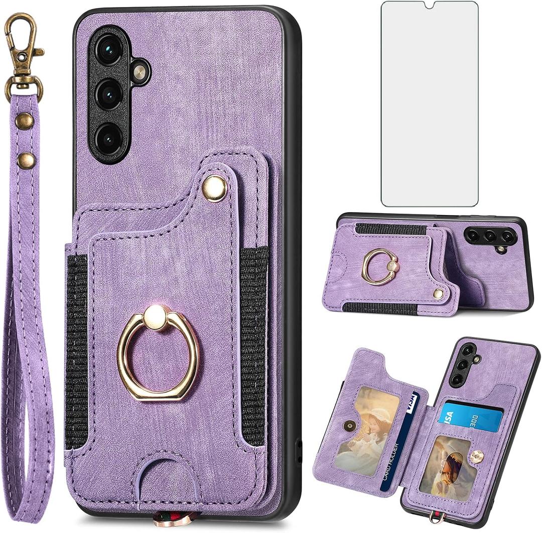 Asuwish Phone Case for Samsung Galaxy A34 5G Wallet Cover with Tempered Glass Screen Protector and Wrist Strap Lanyard RFID Credit Card Holder Ring Stand Cell Accessories A 34 34A Women Men Purple