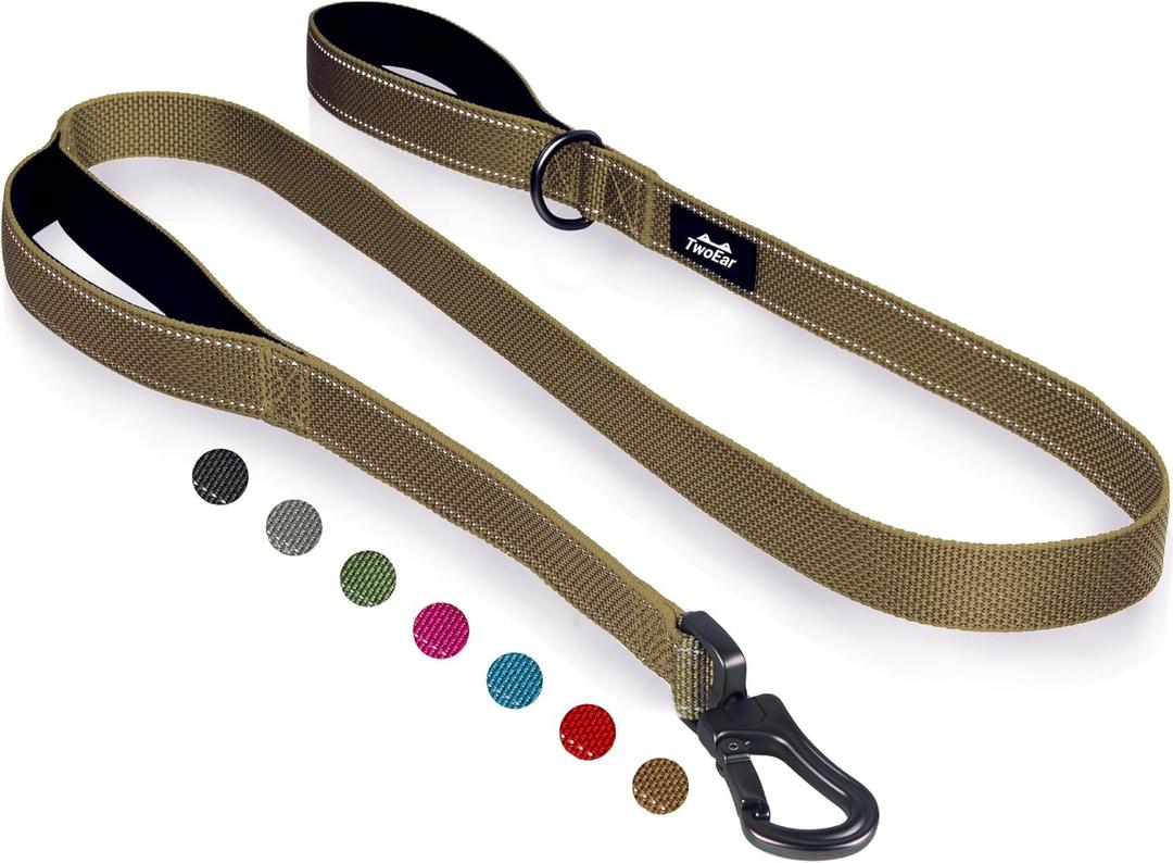 TwoEar 6FT 1IN Strong Brown Dog Leash with 2 Padded Handles, Traffic Handle Extra Control, Comfortable Soft Dual Handle, Auto Lock Hook, Reflective Walking Lead for Small Medium and Large Dogs, 1 in x 6 ft, Brown