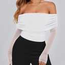 BTFBM Women's Long Sleeve Shirts 2025 Fall Crop Going Out Tops Mesh Ruched Casual Off Shoulder Blouses Y2K Clothes (White, XL)