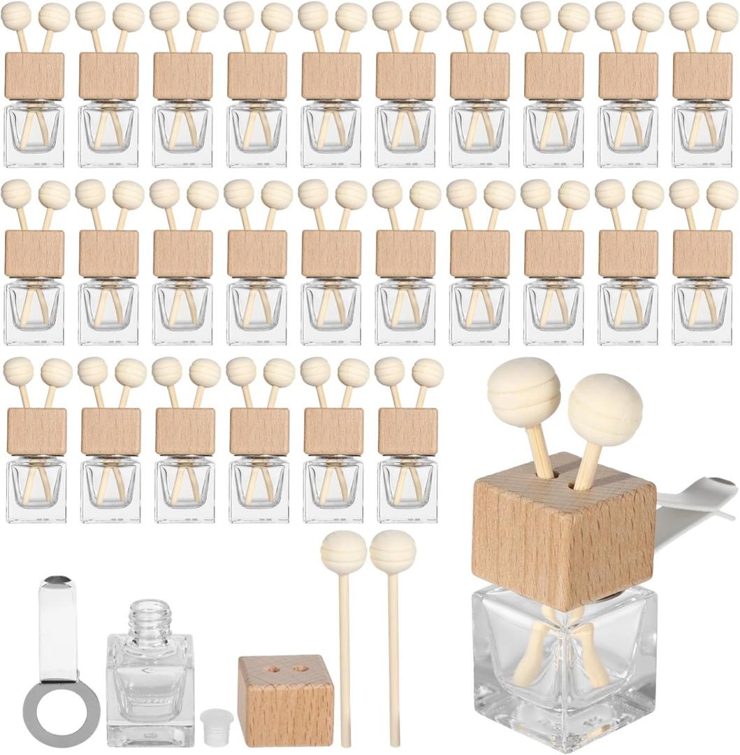 30 Pcs Car Air Freshener Diffuser Bottles, Square Vent Clip Car Diffuser Bottle, 8 ml (0.27 oz) Essential Oil Perfume Glass Bottle, Refillable and DIY Air Freshener Containers