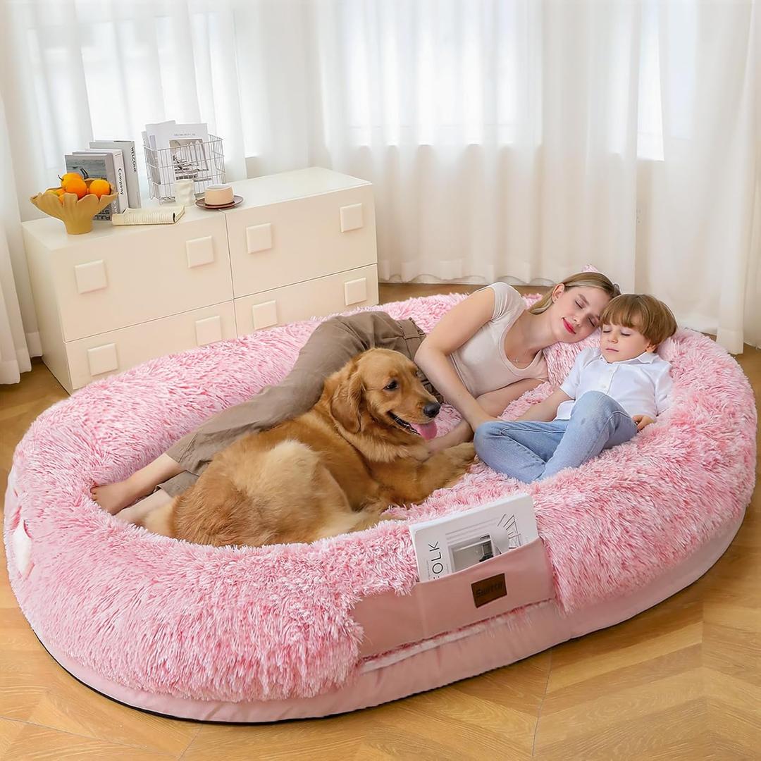 SWITTE Human Dog Bed for Adult, 71"x47"x13" Washable Giant Human Size Dog Bed with Blanket for People Doze Off, Removable Large Beds with Pillow - Pink
