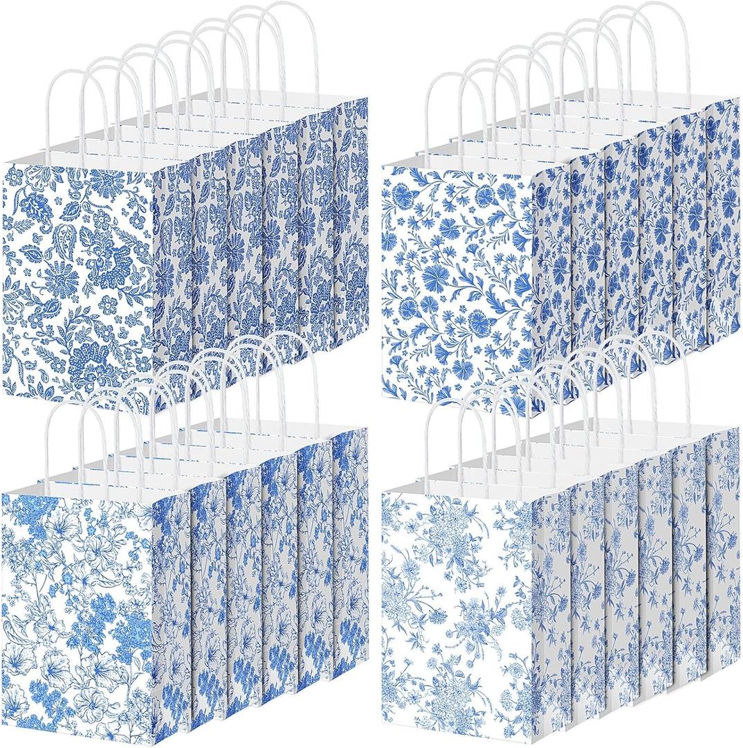Honoson 24 Pcs Blue White Floral Paper Gift Bags with Handle 8.3'' x 5.9'' x 3.15'' Valentines Chinoiserie Flower Bags China Element Paper Bag for Wedding Birthday Baby Shower Party Supply