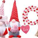 Chuangdi Valentine's Day Gnomes Decorations Red Pink White Heart Love Valentine's Day Gnome Handmade Swedish Plush Doll Ornament Wood Bead Garland with Tassels for Girlfriend Wife Women Gift