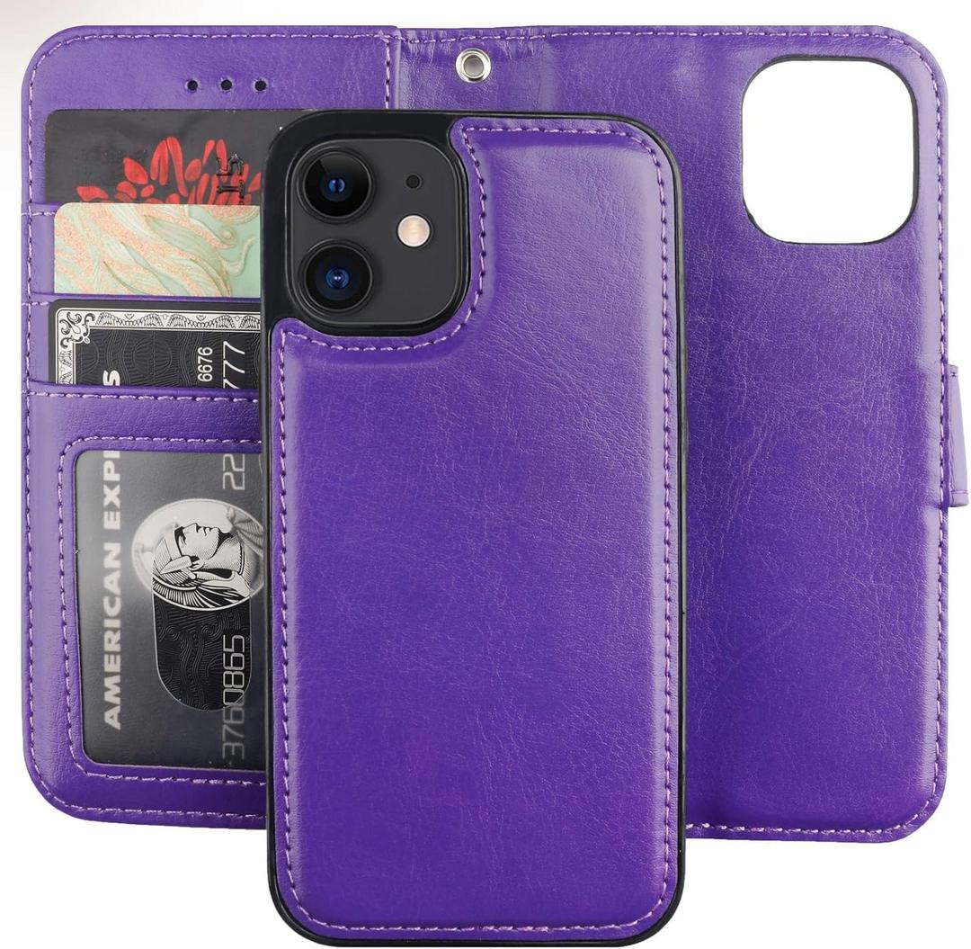 Bocasal Compatible with iPhone 12 Mini Wallet Case with Card Holder PU Leather Magnetic Detachable Kickstand Shockproof Wrist Strap Removable Flip Cover (Purple)
