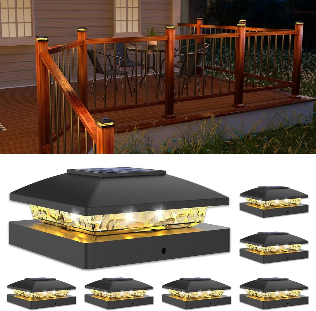 VOLISUN 4x4 Solar Cap Light 6pack, Outdoor Solar Fence - Post Lights for Wooden/Vinyl Posts, Black Deck Light Solar Powered, Warm White for Garden/Paatio/Porch