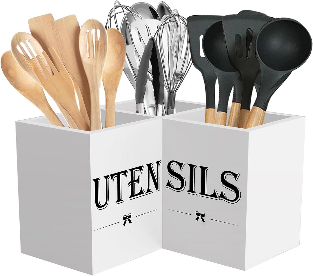 Suli Extra Large Kitchen Utensils Holder with 3 Compartments,Corner Utensil Caddy for countertop,Wooden Utensil Organizer for Kitchen Countertop, Farmhouse Decor- White