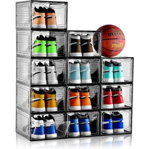 12 Pack Gray Transparent Shoe Storage Organizer, Stackable Shoe Boxes for Closet, Drop Front Plastic Shoe Box with Grey Door, Easy to Assemble, Fit up US Size 12(13.4x 9.8x 7.1)