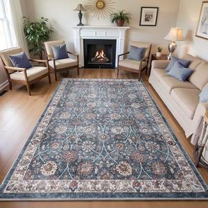 Carvapet Rugs for Living Room, Vintage Low Pile Large Carpet with Rubber Backing, Foldable, Non Slip Machine Washable (6 x 4 Feet Rectangular, Dark Blue Area Rug)