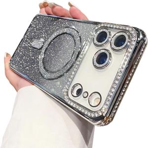 QQicea Bling Glitter Phone Case Compatible with iPhone 17 Pro Max, Wireless Charging Compatible with MagSafe Soft Cover Sparkling Rhinestone Case (Silver)