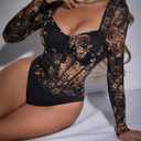 SweatyRocks Women's Sheer Floral Lace Long Sleeve Bodysuit Tops Sweetheart Neck Jumpsuit (Black, S)