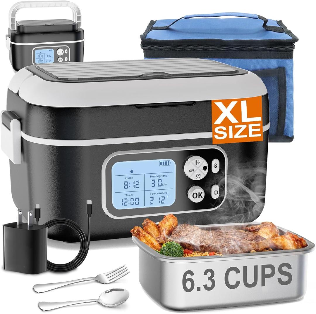 6.3-Cup Cordless Electric Lunch Box for Adults, 27000mAh Heated Lunch Box For Men Battery Powered with Automatic Heating, 100W Self-Heating Portable Food Warmer for Hot Meals Anywhere, Black