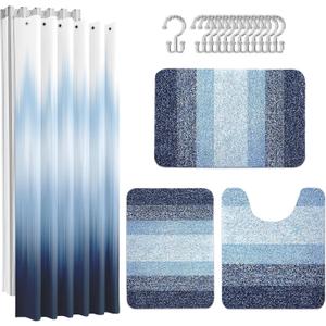 Britimes Navy Blue Stripes Bathroom Sets with Shower Curtain and Rugs, Ombre Modern Abstract Waterproof Shower Curtain Liner and Soft Non Slip Bath Mat for Bathroom Decor and Accessories Hooks