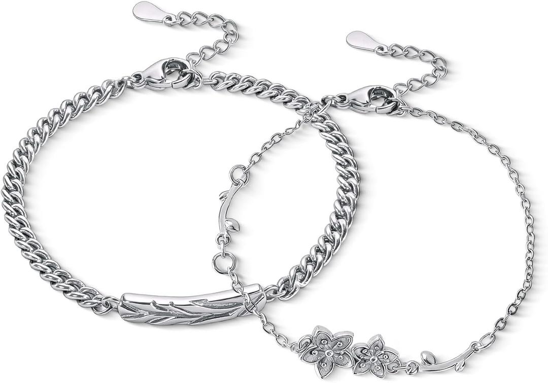 A Pair Of Valentine's Day Bracelets, Silver Flower Men's And Women's Couple's Bracelets, Suitable For Women New Year Jewelry Bracelet