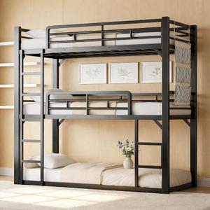 Twin Over Twin Over Twin Metal Triple Bunk Bed, Heavy Duty Steel Frame with Safety Guardrails & Noise Reducing System, Space Saving 3 Tier Bunk Bed for Multiple Kids, Black
