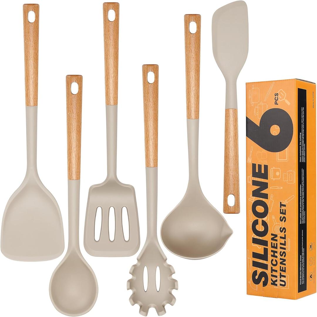 Silicone Cooking Utensils Set, Heat Resistance Large Kitchen Utensils Set with Long Wooden Handle, BPA-free Silicone Spatula, 6 Pcs Cooking Spoons for Non Stick Frying Pans and Pots, Khaki